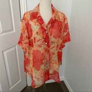 NWT  Stonehenge Chiffon Red Tangerine S-Sleeve Button Front Boho Sexy Size XL